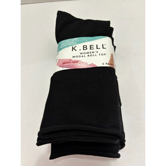 K Bell Women's Modal Roll Top Crew Socks 6 Pairs (Black, 5.5-10) - Picture 1 of 4